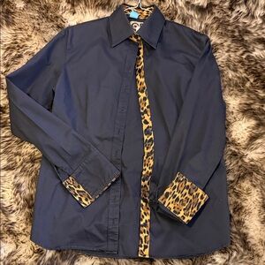 CR Ranchwear Leopard Trim Black Button Down Shirt